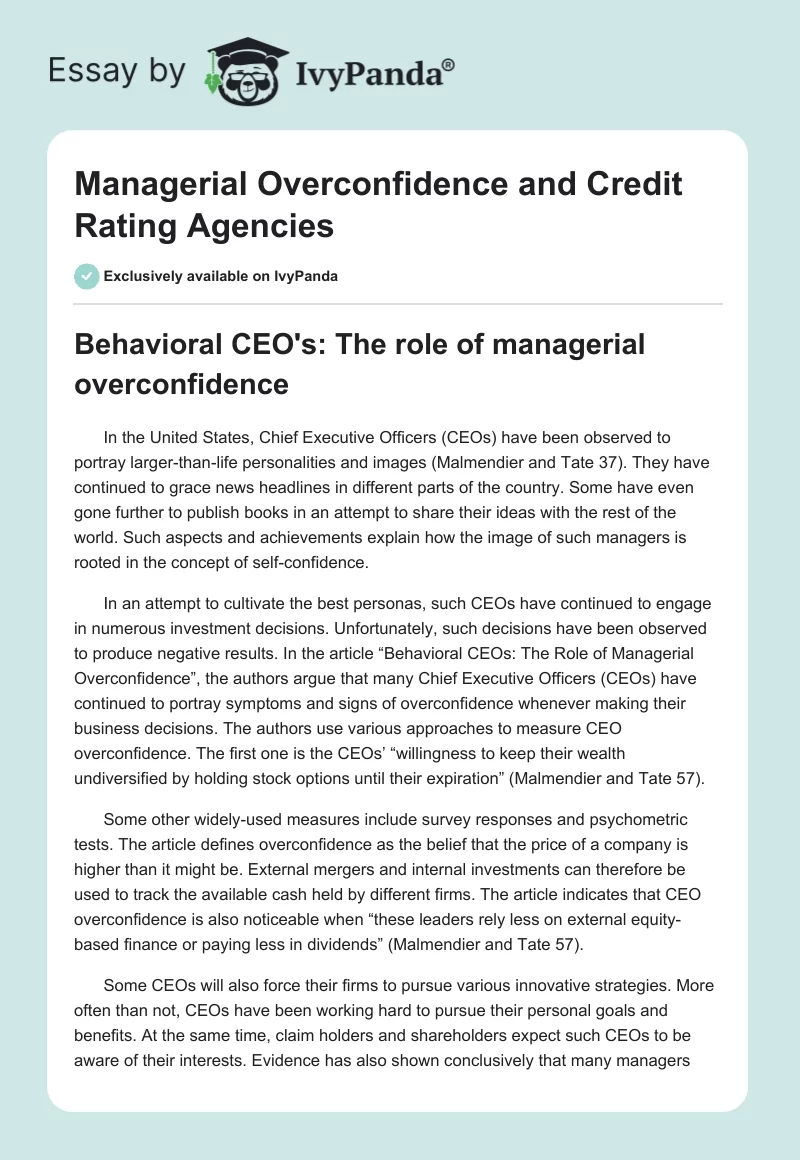 Managerial Overconfidence and Credit Rating Agencies. Page 1