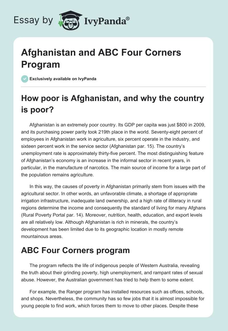 Afghanistan and ABC Four Corners Program. Page 1