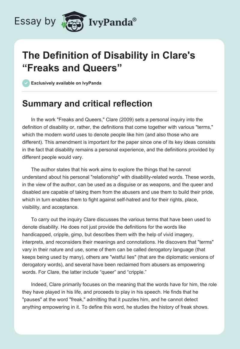 The Definition of Disability in Clare's “Freaks and Queers”. Page 1