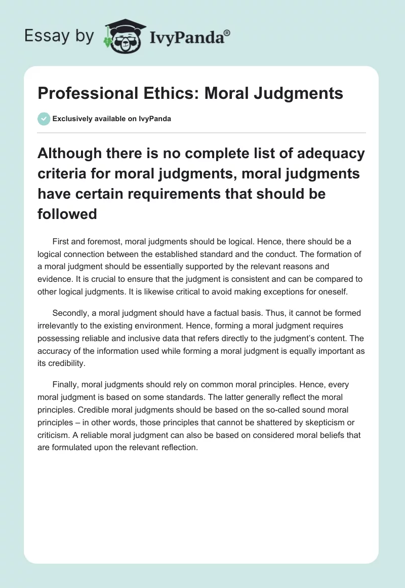 Professional Ethics: Moral Judgments. Page 1