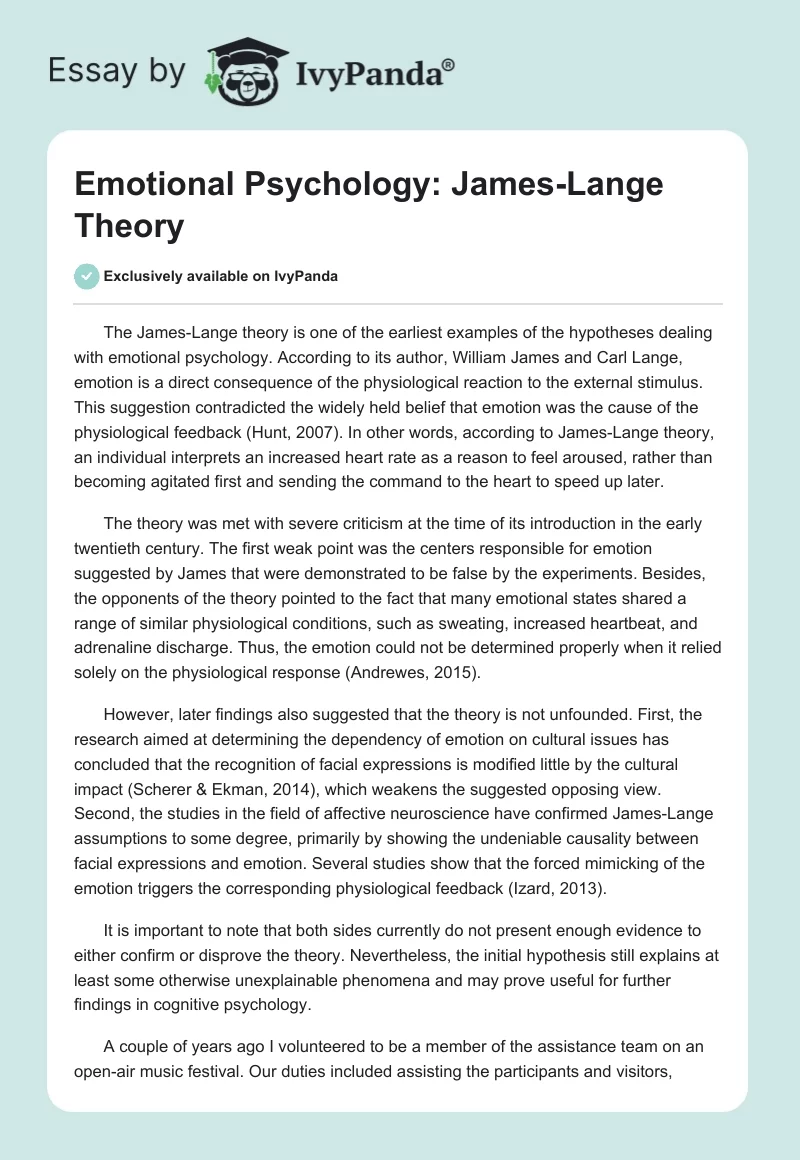 Emotional Psychology: James-Lange Theory. Page 1