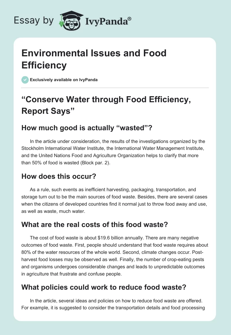 Environmental Issues and Food Efficiency. Page 1