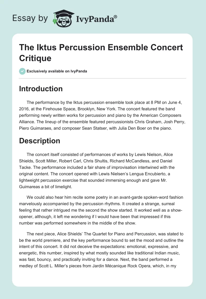 The Iktus Percussion Ensemble Concert Critique. Page 1