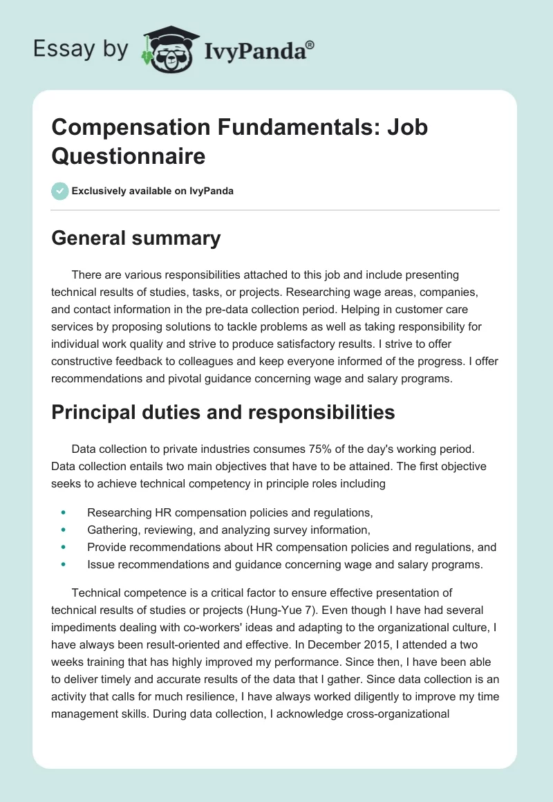 Compensation Fundamentals: Job Questionnaire. Page 1