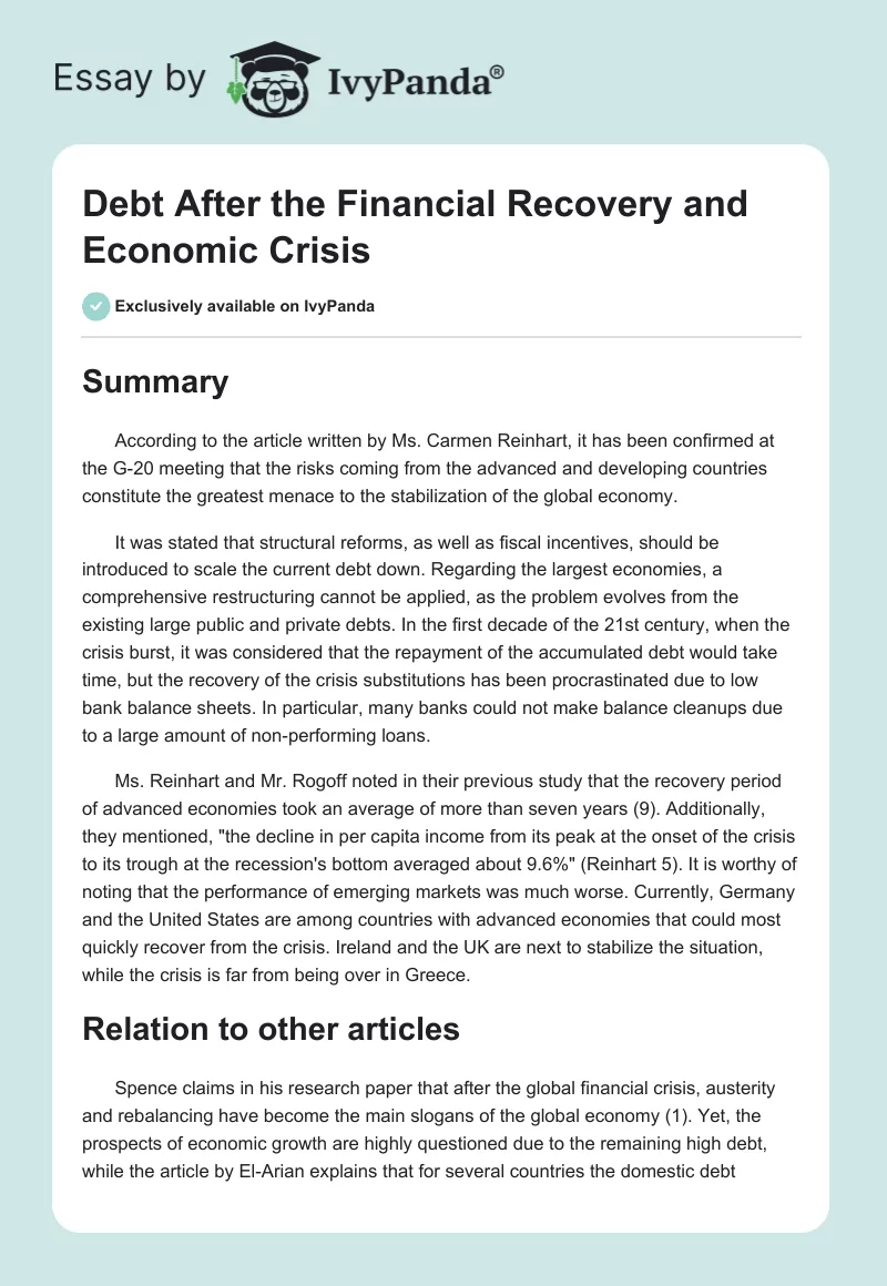 Debt After the Financial Recovery and Economic Crisis. Page 1