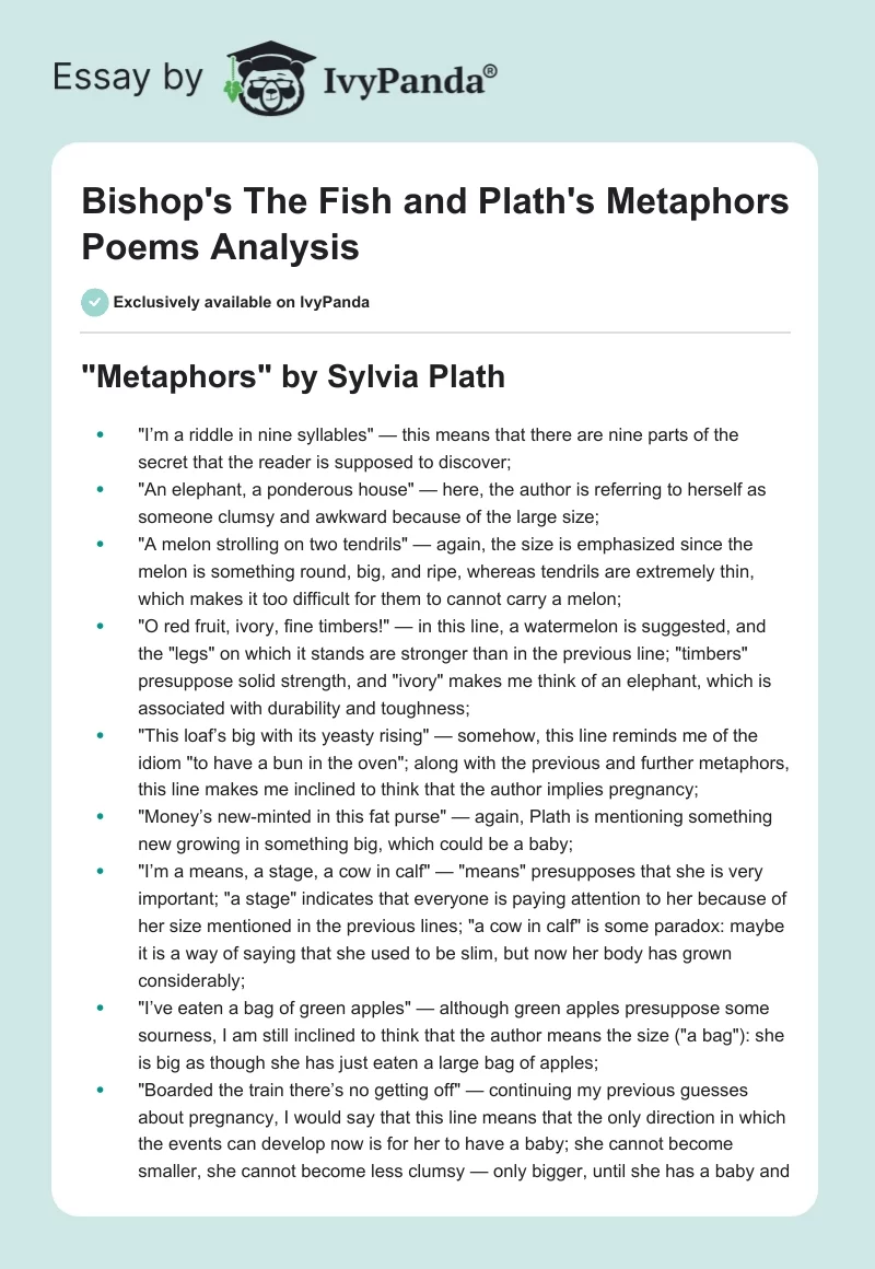 Bishop's "The Fish" and Plath's "Metaphors" Poems Analysis. Page 1