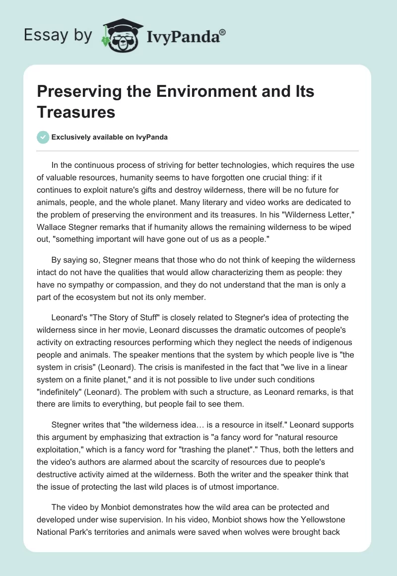 Preserving the Environment and Its Treasures. Page 1