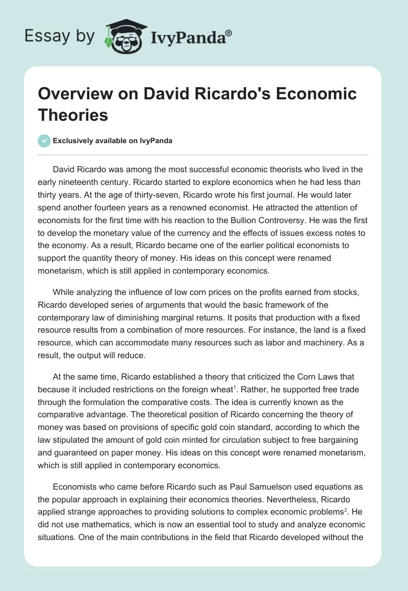 Overview on David Ricardo's Economic Theories. Page 1