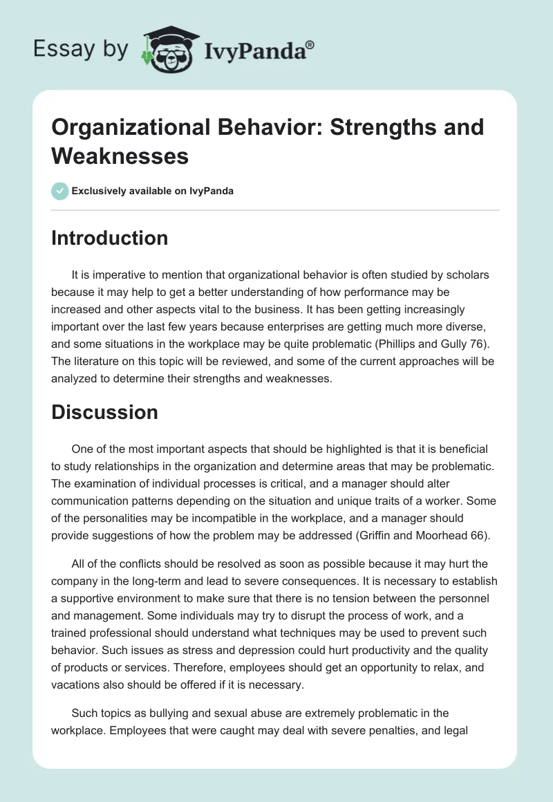 Organizational Behavior: Strengths and Weaknesses. Page 1