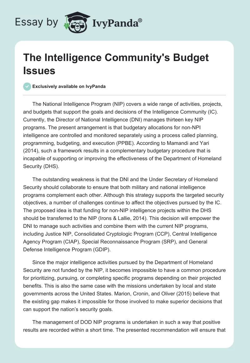 The Intelligence Community's Budget Issues. Page 1