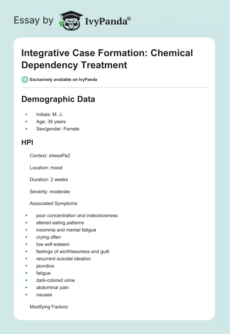 Integrative Case Formation: Chemical Dependency Treatment. Page 1