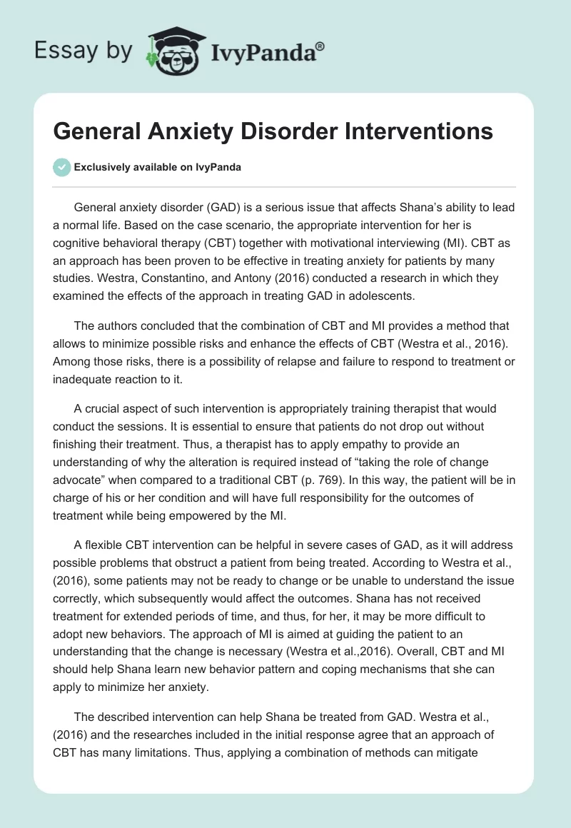 General Anxiety Disorder Interventions. Page 1