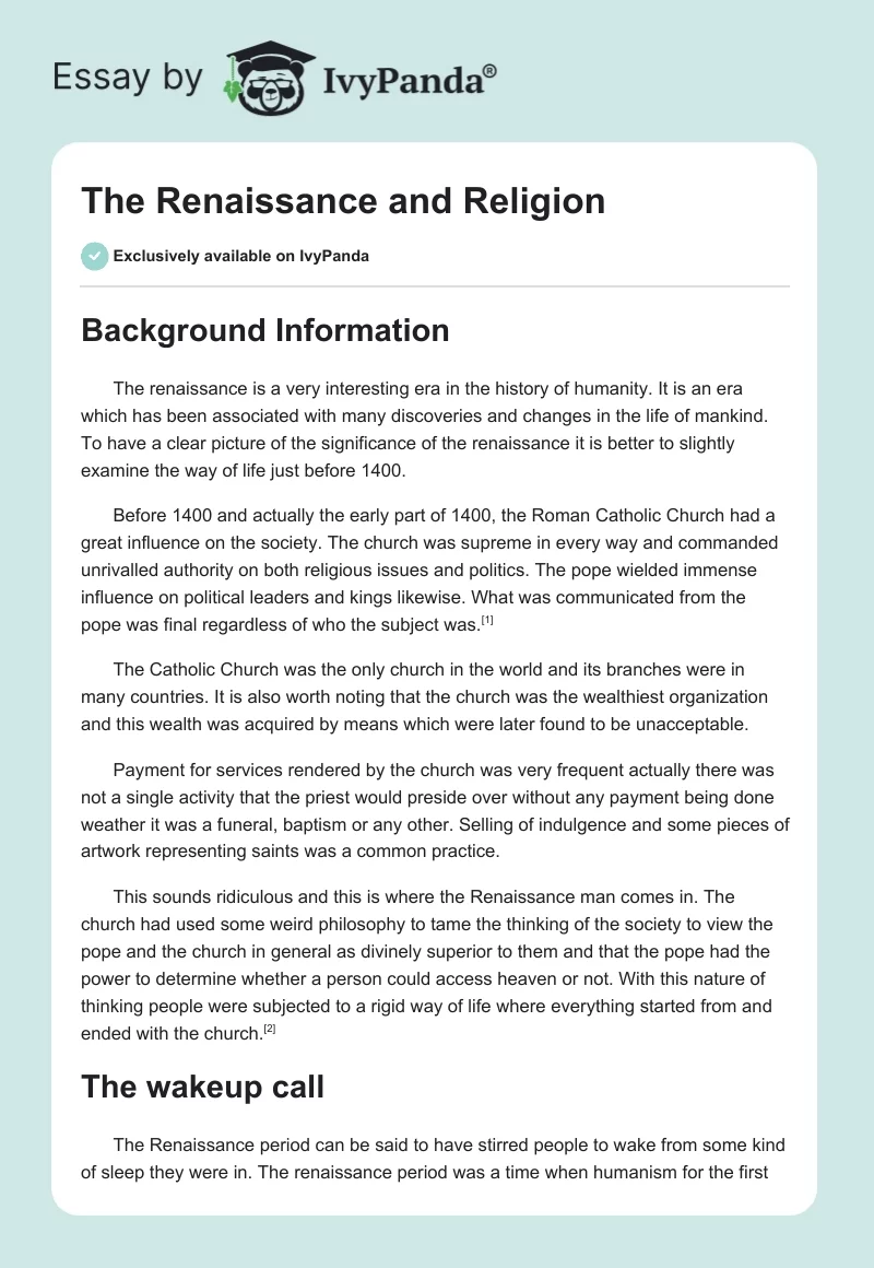The Renaissance and Religion. Page 1