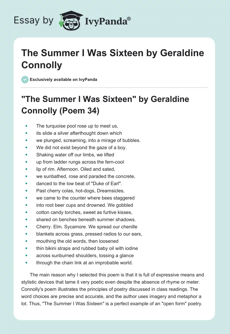 "The Summer I Was Sixteen" by Geraldine Connolly. Page 1