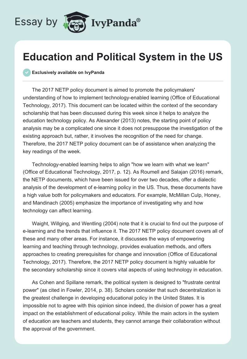 Education and Political System in the US. Page 1