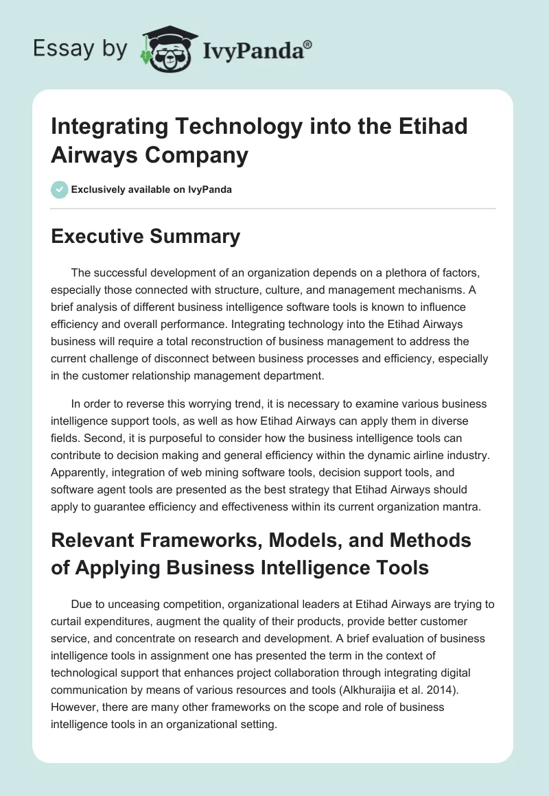 Integrating Technology Into the Etihad Airways Company. Page 1