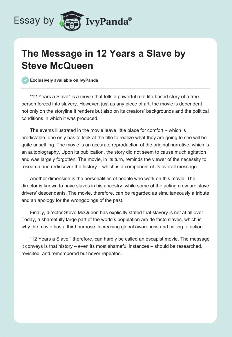 The Message in "12 Years a Slave" by Steve McQueen. Page 1