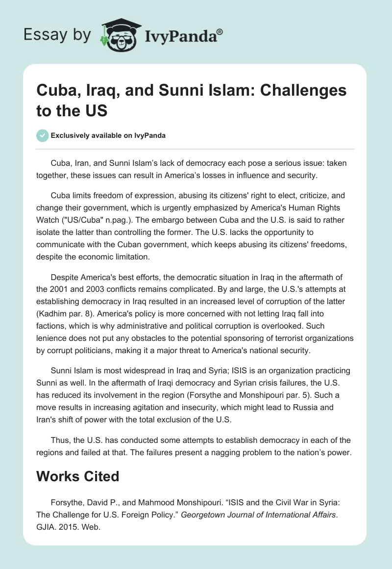 Cuba, Iraq, and Sunni Islam: Challenges to the US. Page 1