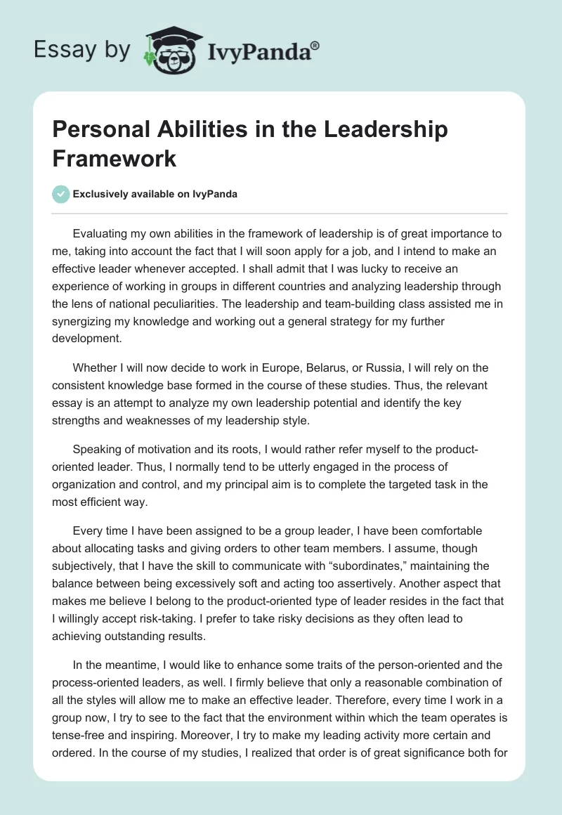 Personal Abilities in the Leadership Framework. Page 1