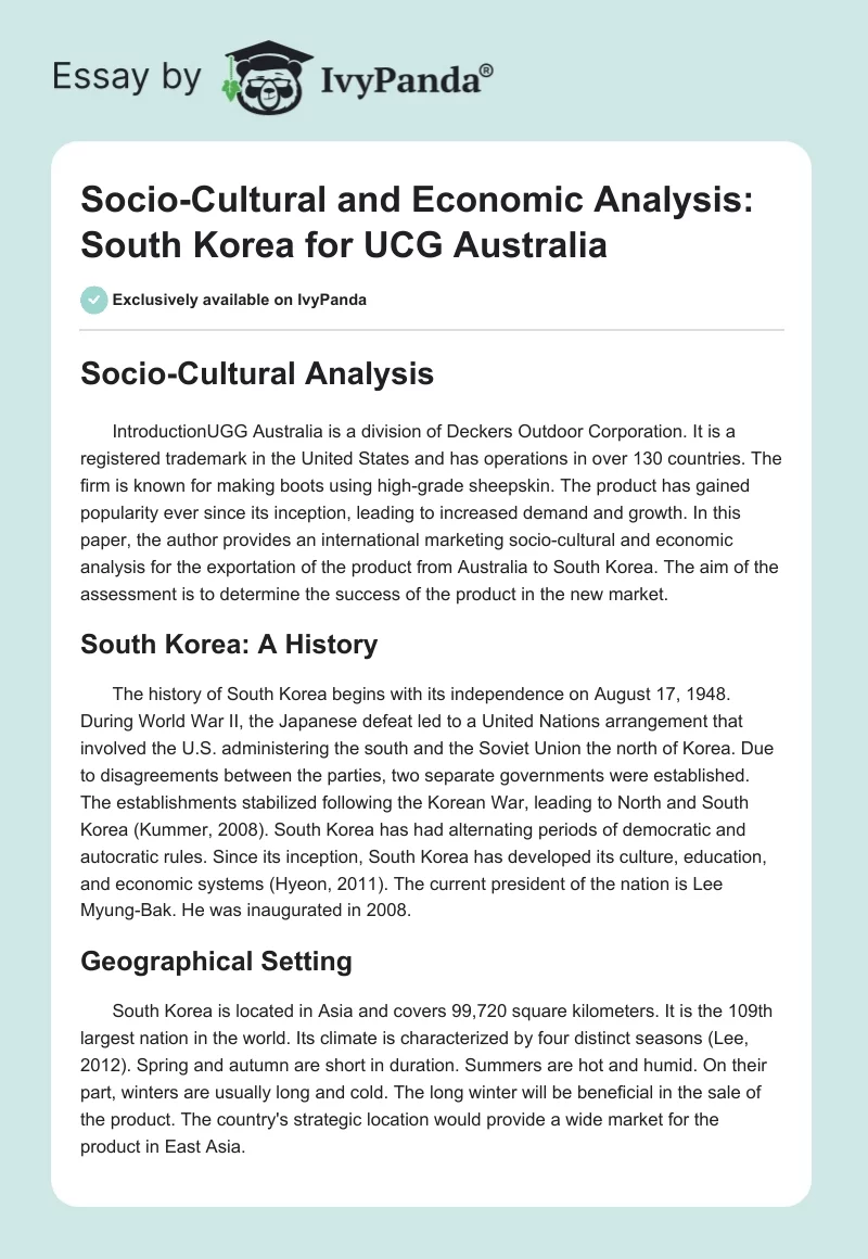 Socio-Cultural and Economic Analysis: South Korea for UCG Australia. Page 1