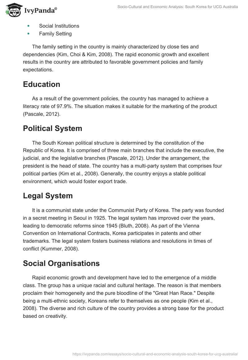 Socio-Cultural and Economic Analysis: South Korea for UCG Australia. Page 2