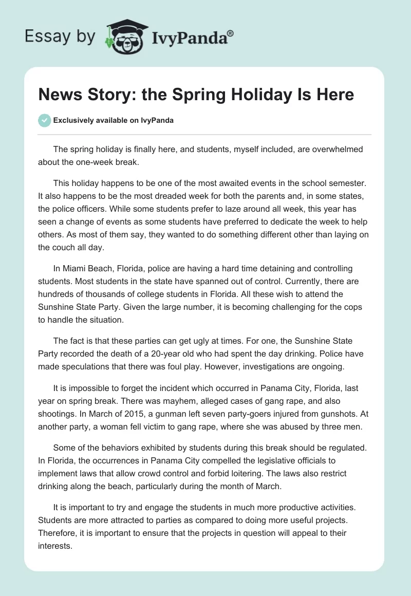 News Story: the Spring Holiday Is Here. Page 1