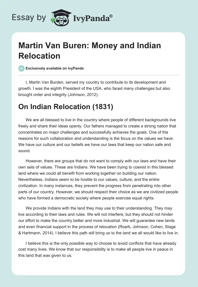 Martin Van Buren: Money and Indian Relocation. Page 1