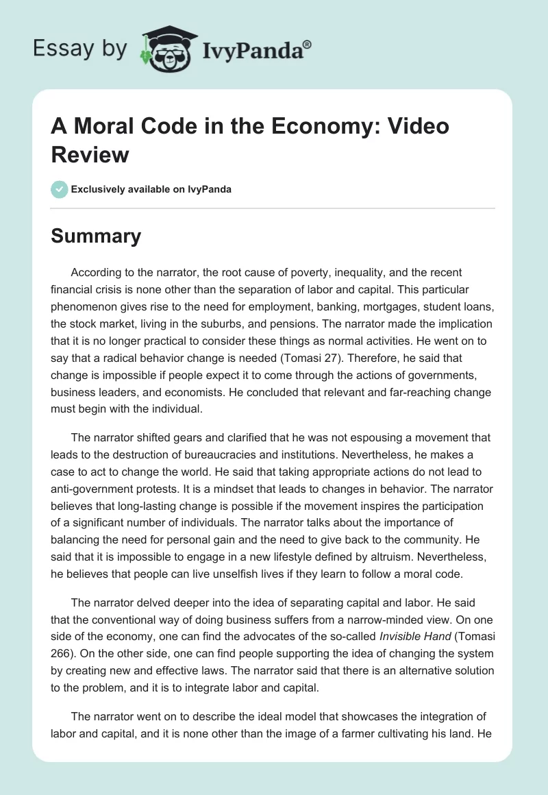 A Moral Code in the Economy: Video Review. Page 1