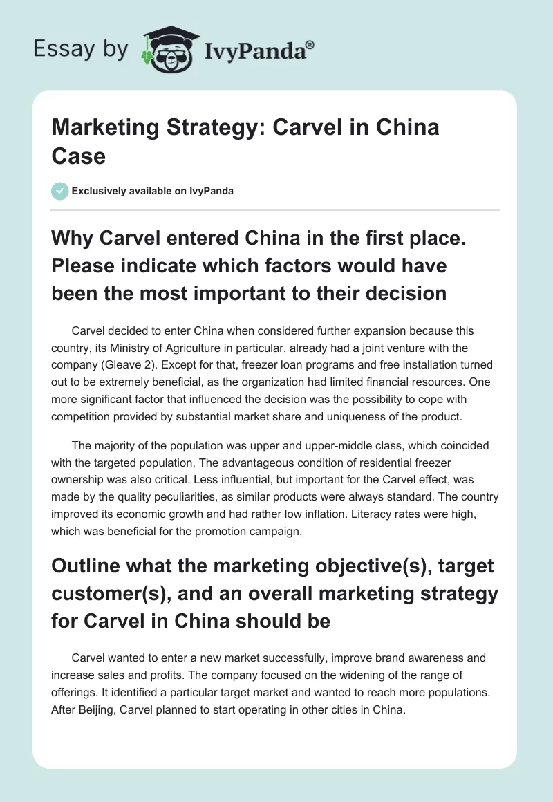 Marketing Strategy: Carvel in China Case. Page 1