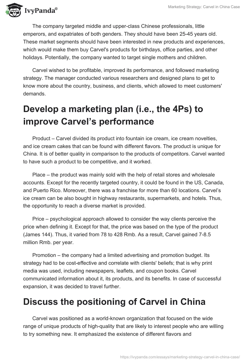 Marketing Strategy: Carvel in China Case. Page 2