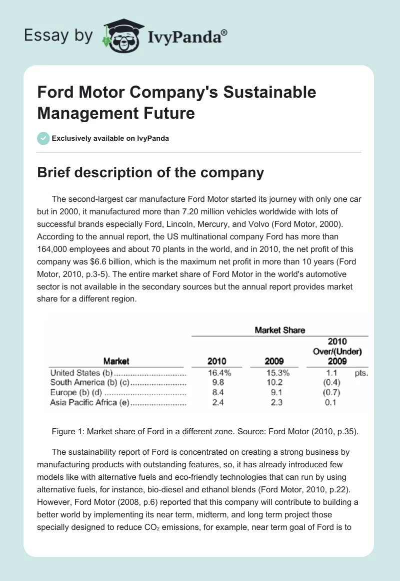 Ford Motor Company's Sustainable Management Future. Page 1