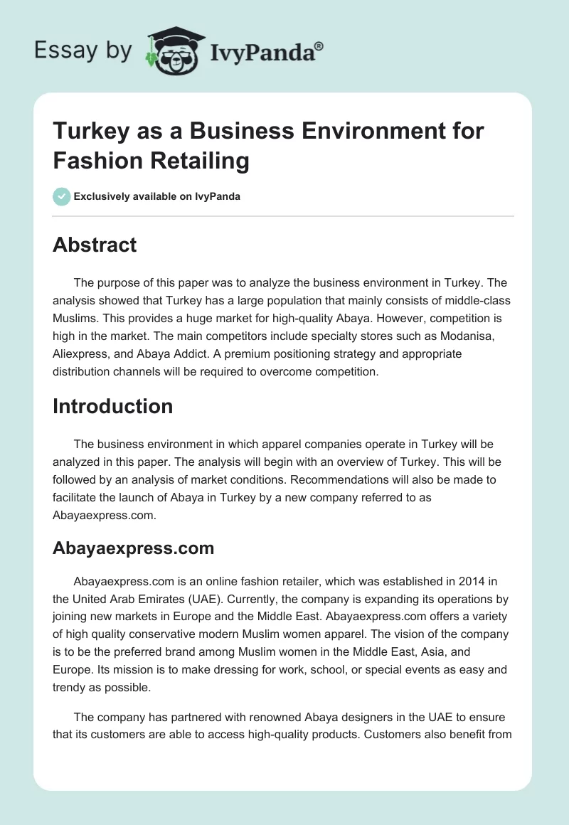 Turkey as a Business Environment for Fashion Retailing. Page 1