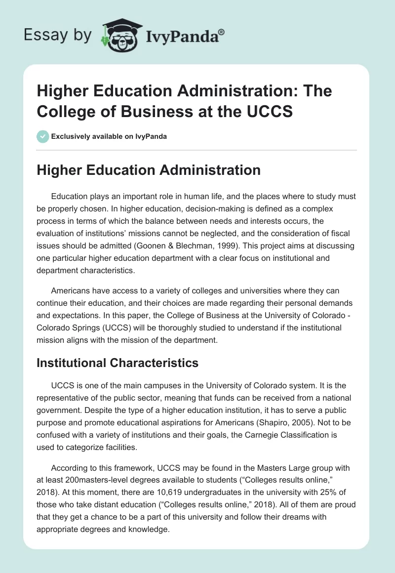 Higher Education Administration: The College of Business at the UCCS. Page 1