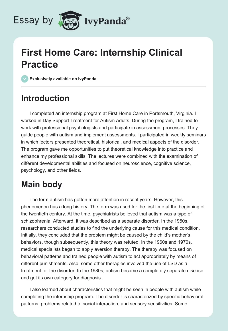 First Home Care: Internship Clinical Practice. Page 1