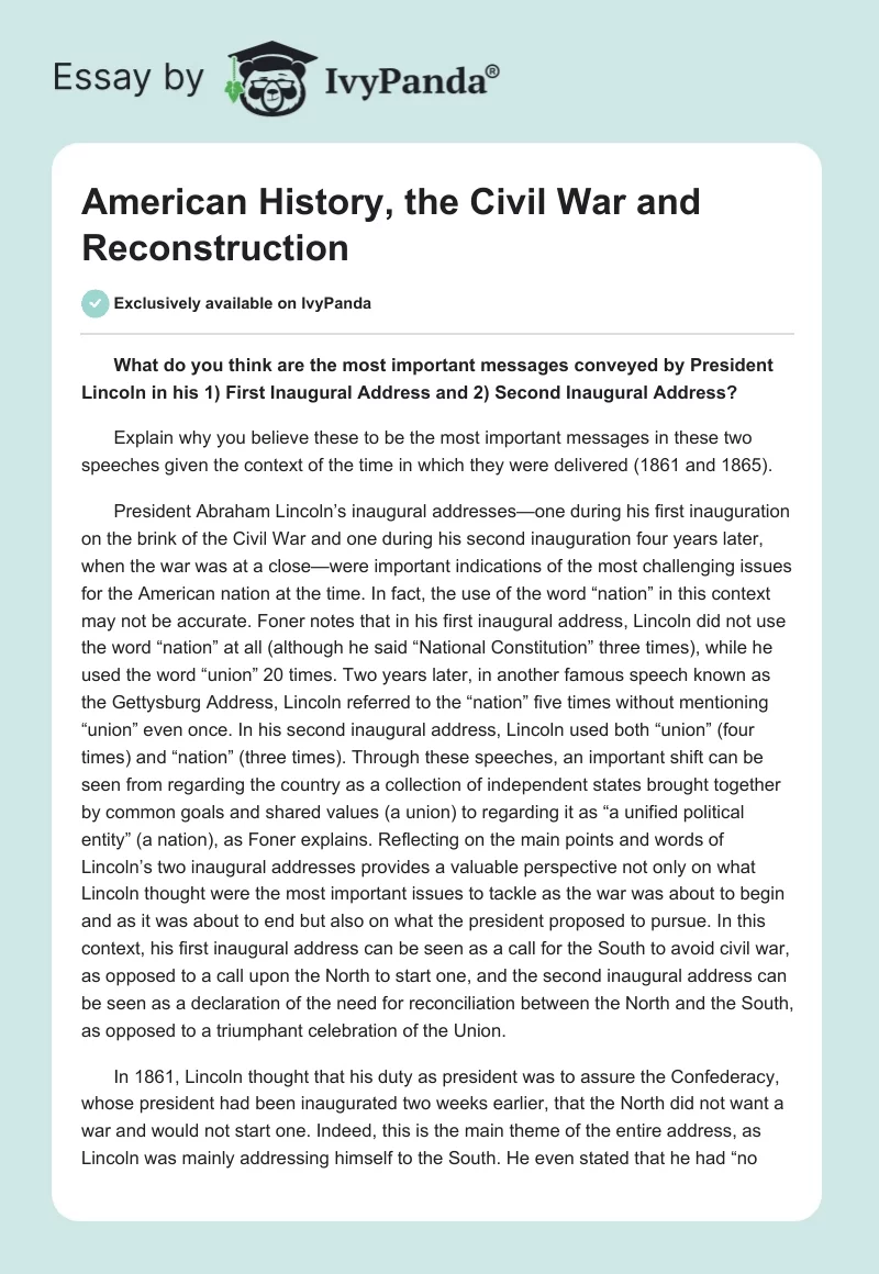 American History, the Civil War and Reconstruction. Page 1