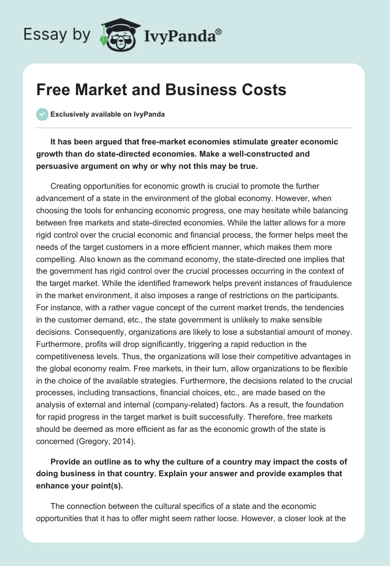 Free Market and Business Costs. Page 1