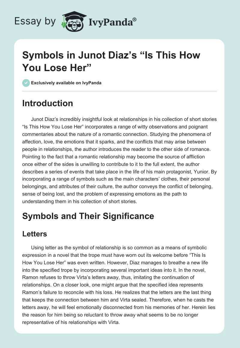 Symbols in Junot Diaz’s “Is This How You Lose Her”. Page 1