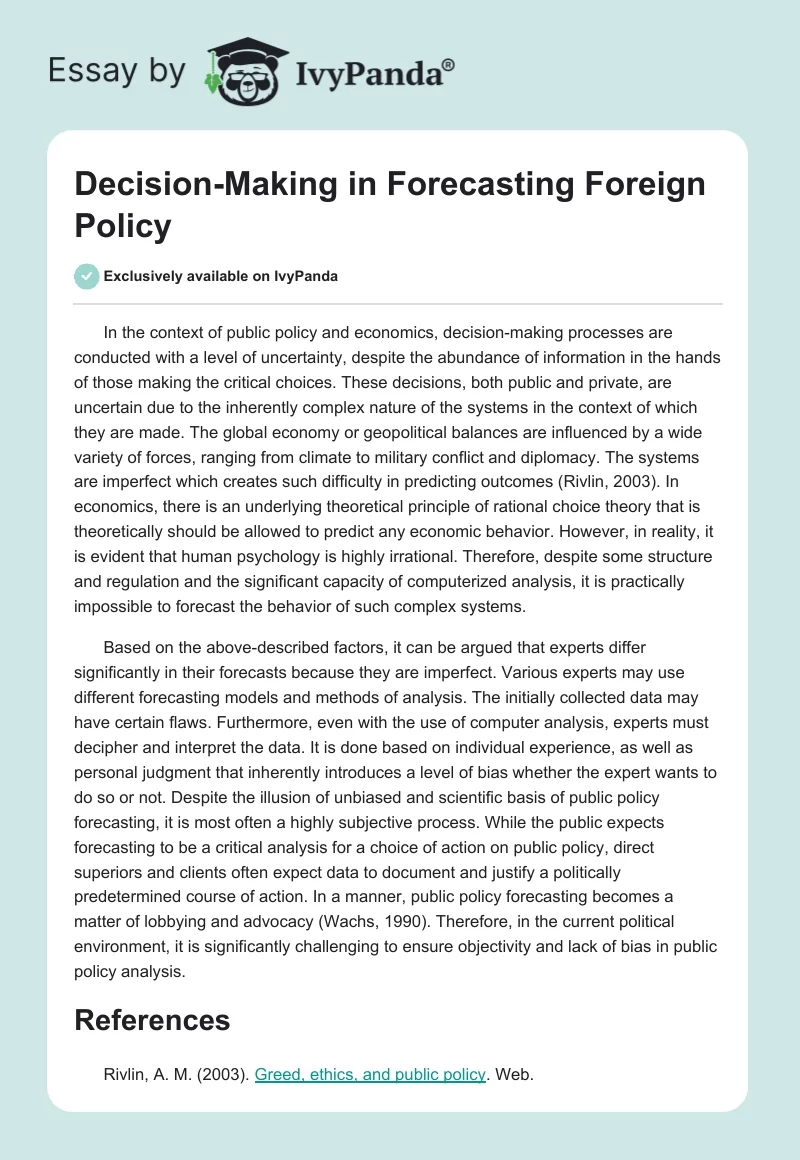 Decision-Making in Forecasting Foreign Policy. Page 1