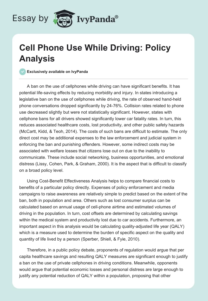 Cell Phone Use While Driving: Policy Analysis. Page 1