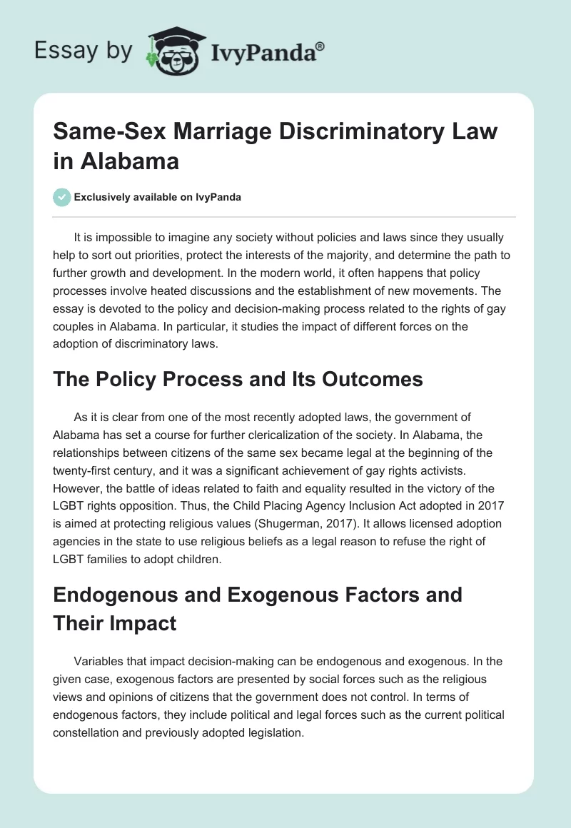 Same-Sex Marriage Discriminatory Law in Alabama. Page 1