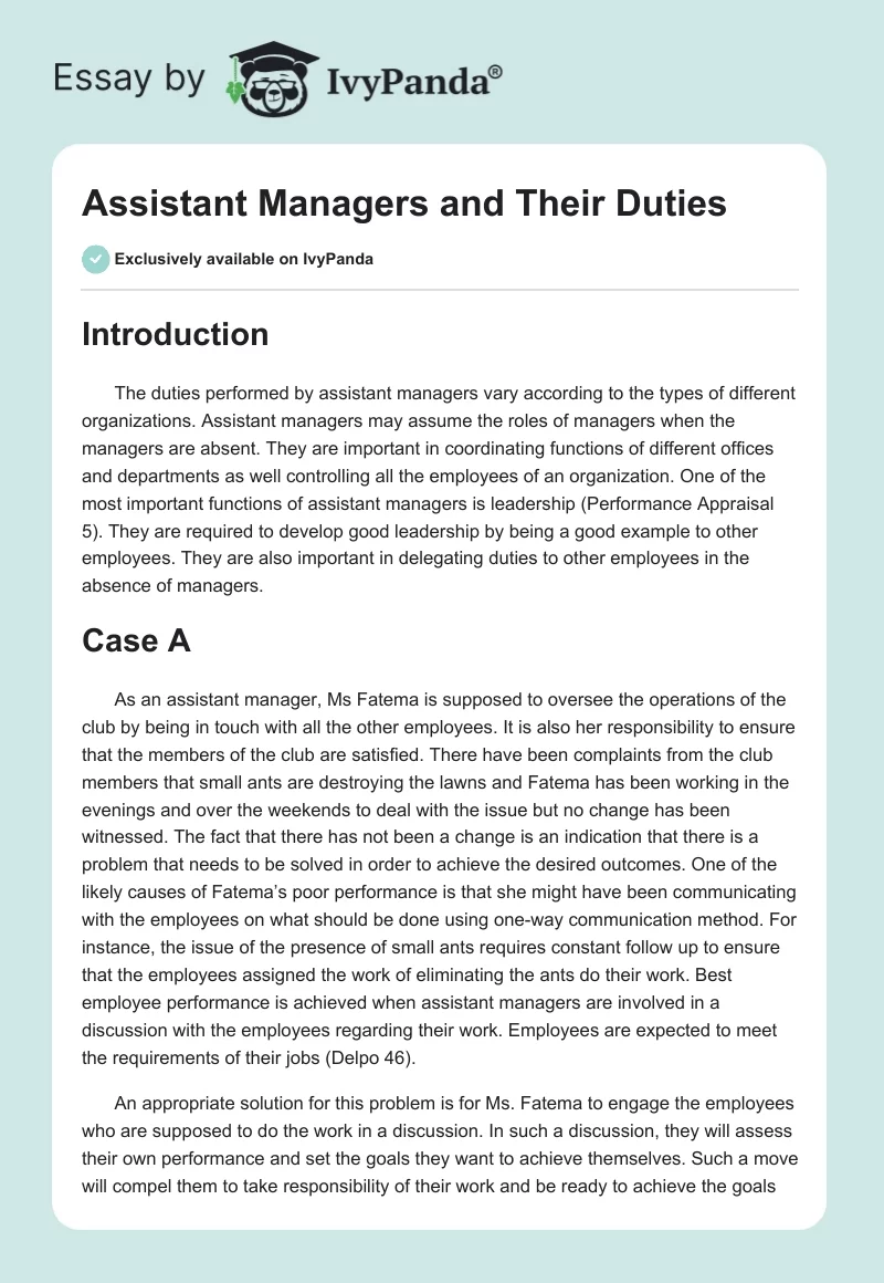 Assistant Managers and Their Duties. Page 1