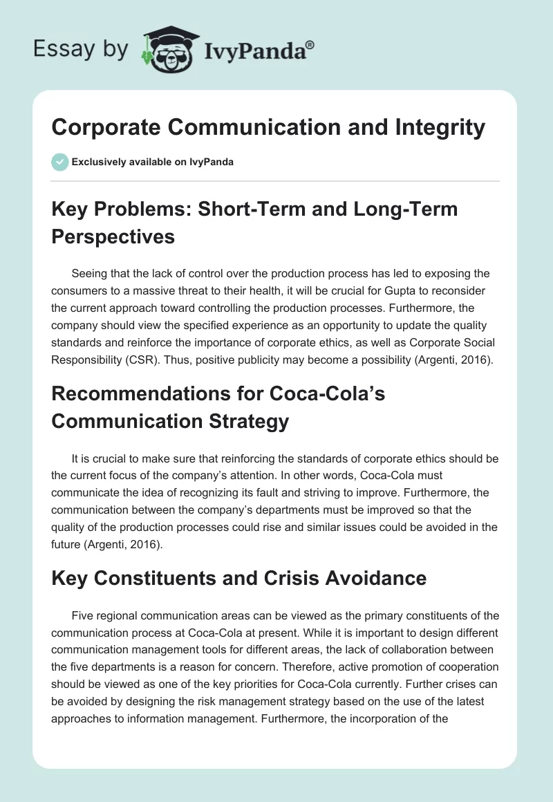 Corporate Communication and Integrity. Page 1