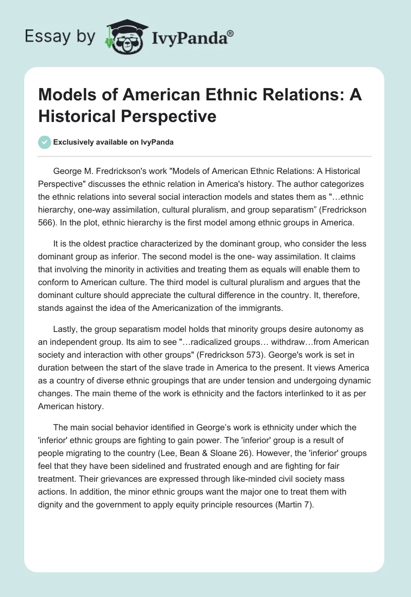 Models of American Ethnic Relations: A Historical Perspective. Page 1
