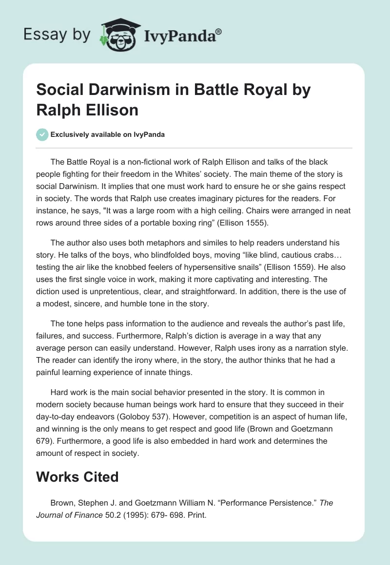 Social Darwinism in "Battle Royal" by Ralph Ellison. Page 1