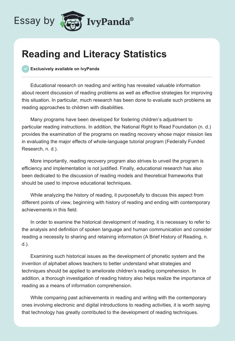 Reading and Literacy Statistics. Page 1