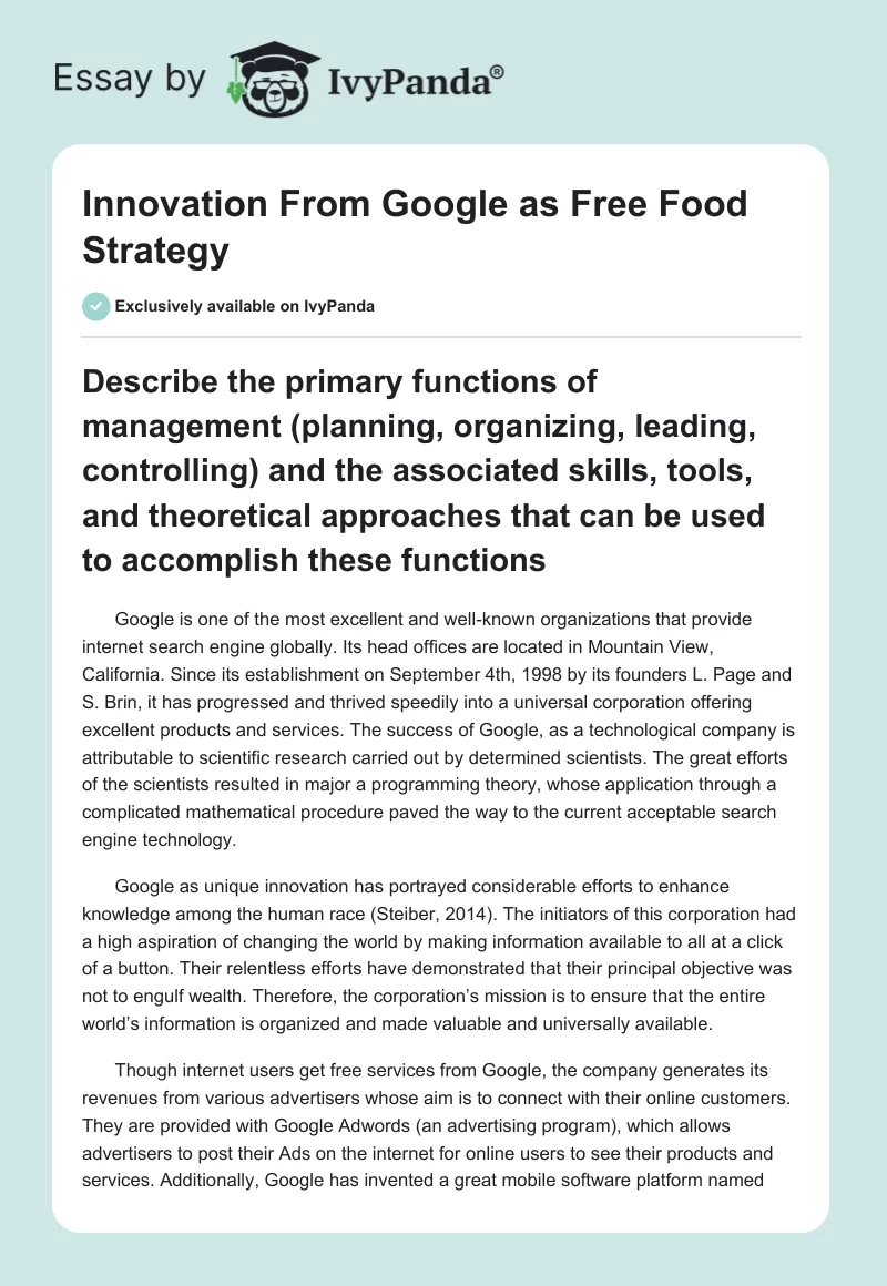 Innovation From Google as Free Food Strategy. Page 1