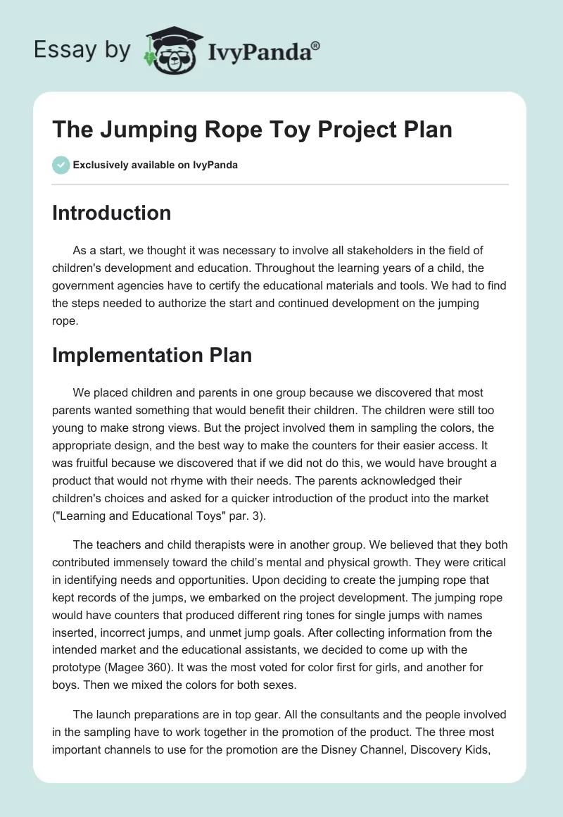 The Jumping Rope Toy Project Plan. Page 1
