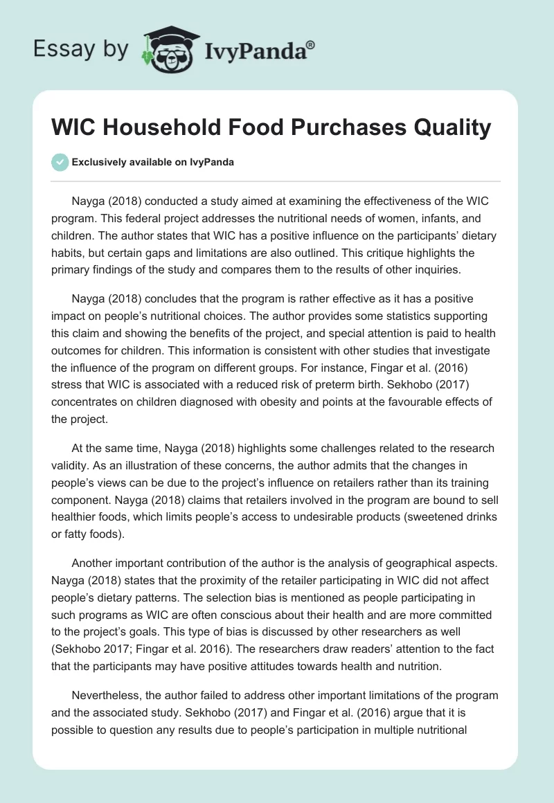 WIC Household Food Purchases Quality. Page 1