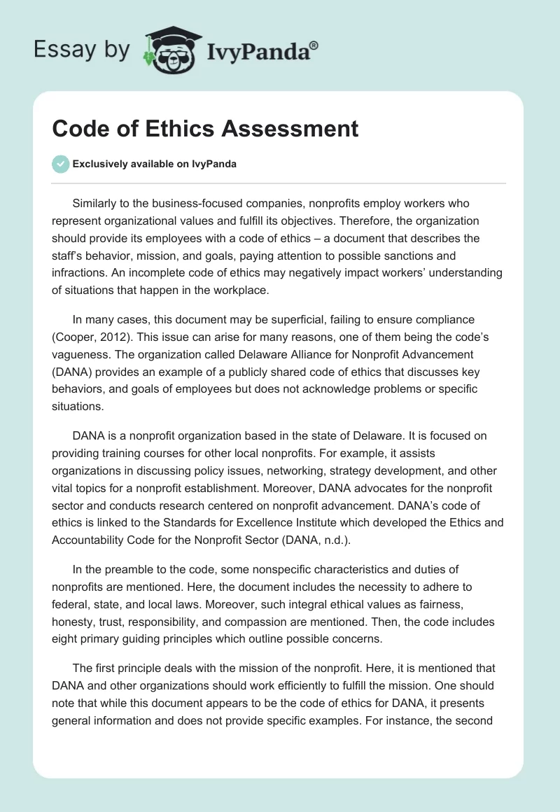 Code of Ethics Assessment. Page 1