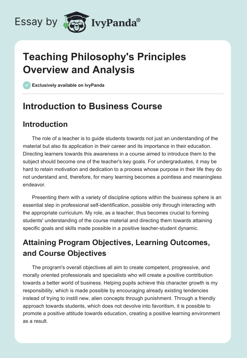 Teaching Philosophy's Principles Overview and Analysis. Page 1